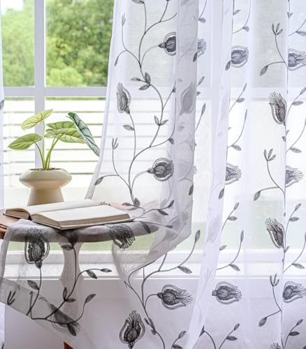 Image of Sheer Curtains White-Grey 45 Inch Embroidered Floral, Rod Pocket Voile Drapes for Living room, Bedroom, Window Treatments Semi Crinkle Curtain Panels for Yard, Patio, Villa, Parlor, Set of 2, 52 inchx 45 inch