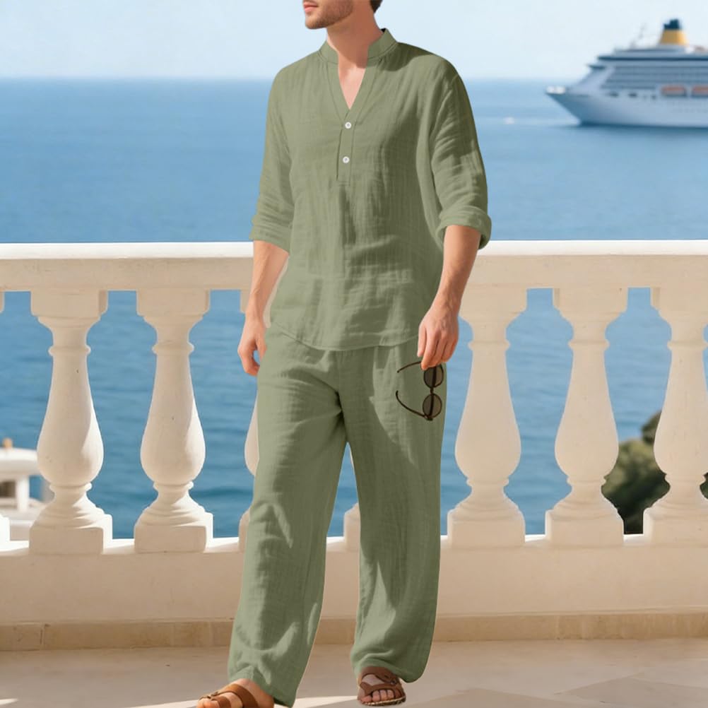 Tuta Uomo Completo Curvy Tuta Estiva Lino Camicia Maniche Lunghe e Pantaloni 2 Pezzi Set Leggera Tute Casual Completi Spiaggia