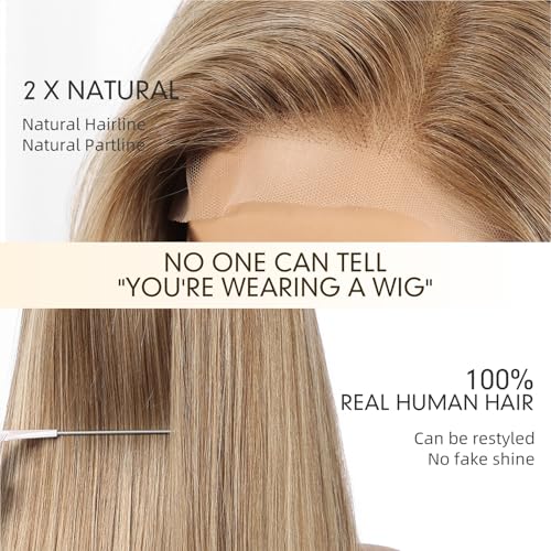 Image of KKU 100% Human Hair Wigs for Women,Real Human Hair Wigs,Side Swept Bangs Lace Front Wig(16 Inch,Brown Mixed Blonde)