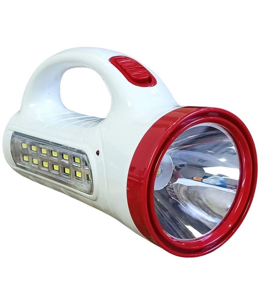 Rechargeable LED Emergency Torch Light, White and Red, Handheld Flashlight with Side LED Panel, 500 Lumens, Lithium-ion Battery Powered, Compact Size