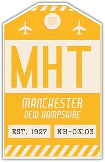 MHT Manchester New Hampshire Luggage Tag Sticker/Airport Code Baggage Decal/Collectible Travel Decor/Vintage Inspired Design (Yellow)