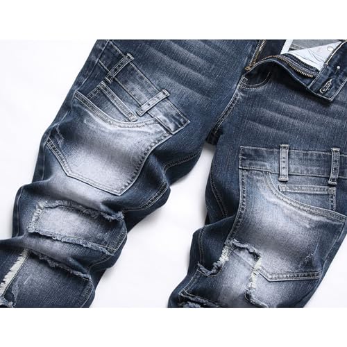 Men's Patched Casual Jeans Cargo Distressed with Patches Jean Biker Ripped Straight Denim Pants4