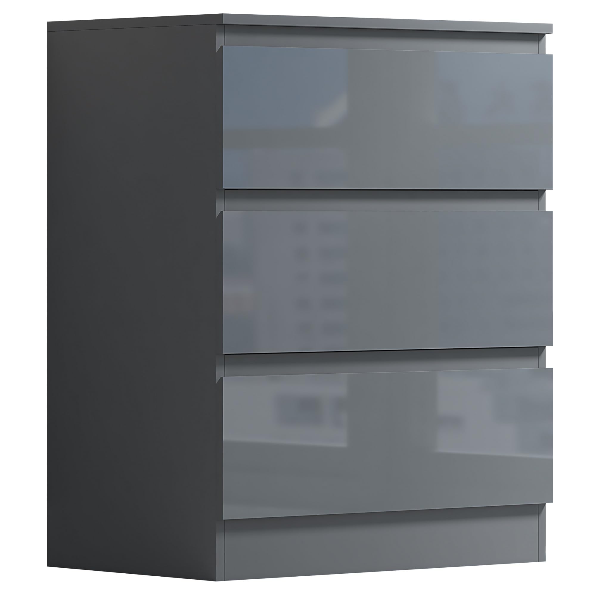 FWStyle Large 3 Drawer Chest Bedroom Furniture Deep Drawers - W60 x D40 x H77cm (Grey Gloss)