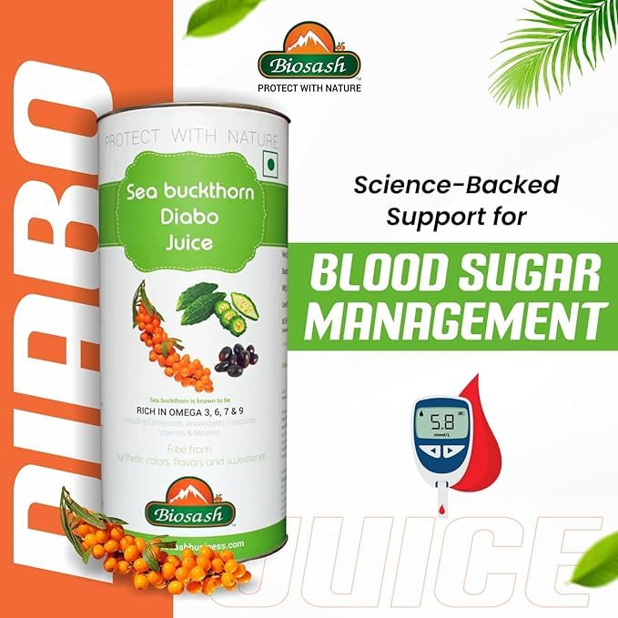 Image of Biosash Seabuckthorn Diabo Juice 250ml | Herbal Supplement with Omega 3 6 7 9 | Blood Sugar & Metabolism Support | Energy & Immunity Booster | Organic Seabuckthorn Juice for Daily Wellness
