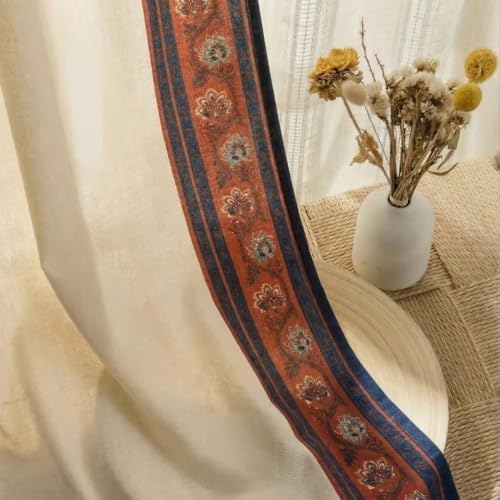 Image of Peepul Tree Handprinted Floral Striped Ornamental Door Curtain in Ivory Maroon and Navy Blue | 7 Feet | Pack of 1| Back Loop Curtain | 70% Light Blocking | Semi Blackout| Breathable Drapes