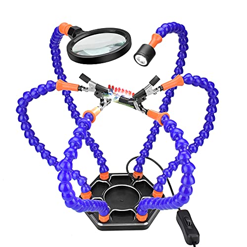 Helping Hands Soldering, Toolour Welding Third Hand Vise PCB Holder Tool with USB Powered LED Flashlight Magnifying Glass, 6 Flexible Arms, Grooved Metal Base for Repair, Modeling, Arts, Crafts, Hobby