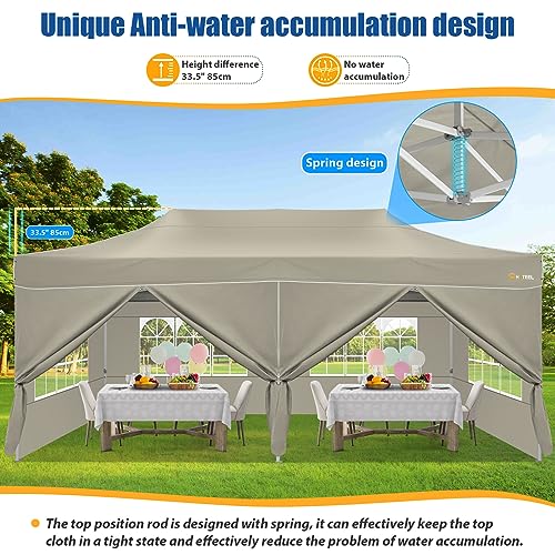 Image of HOTEEL 10x20 Pop up Canopy Tent for Parties, Heavy Duty Easy Setup Tent with 6 Sidewalls, Outdoor Commercial Instant Gazebo for Wedding Event, with Roller Bag & Sand Bags, Khaki(Hexagonal Frame)