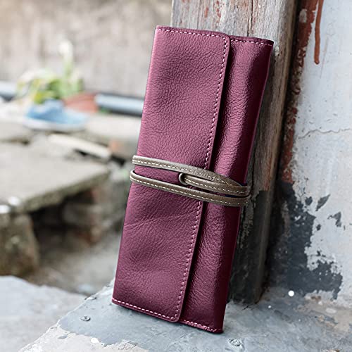 Image of ZLYC Handmade Leather Pencil Case Soft Roll Bag Stationery Gift,Burgundy | multi slot pen storage design,school class daily use,office desk organizer,graduation holiday gift,foldable portable size