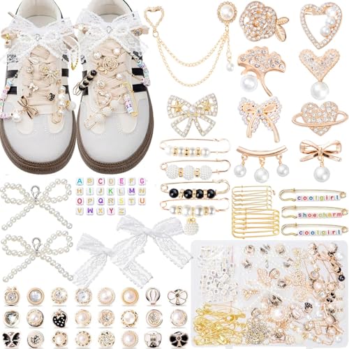 RQAYE 410Pcs Shoe Charms for Sneakers Junk Socks Charms Kit with Letter Beads Gold Brooches and Pins for Women Gold Charm for Socks and Sneakers Pearl and Rhinestone