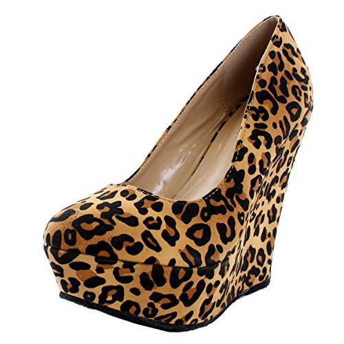 Delicacy Trendy-33 Platform Pumps-Shoes, Camel Leopard Suede, 6.5