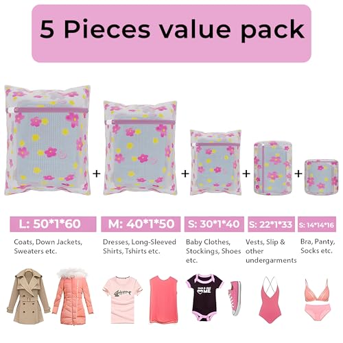 Image of Kuber Industries Pack of 5 Polyester Mesh Laundry Bag with Zip | Reusable Washing Bags for Washing Machine | Ideal for Lingerie, Delicate Fabrics & Shoe Protection | YZ-1-4 | Sunflower Design - Pink