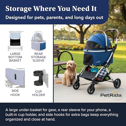 Luxury Pet Stroller with Detachable Carrier | Lightweight Design with Easy One-Hand Fold & Spacious Storage Basket | Safe & Comfortable Travel for a Small to Medium Dog or Cat, Blue - Image 7