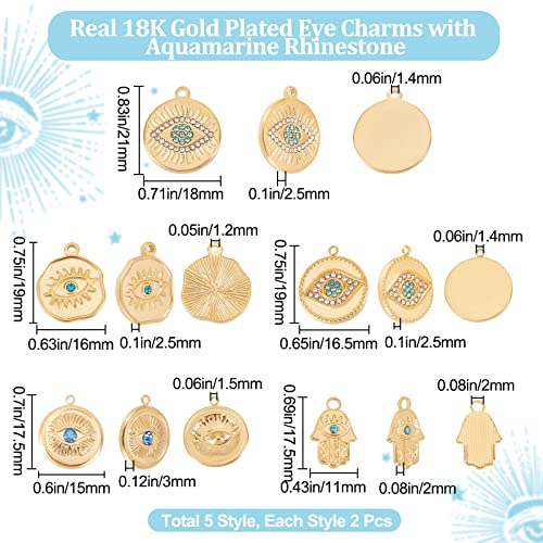 Beebeecraft 1 Box 10Pcs 5 Style Evil Eye Charms 18K Gold Plated Stainless Steel Irregular Flat Round Rhinestone Pendants Charms for Earring Necklace Jewelry Making - Image 2