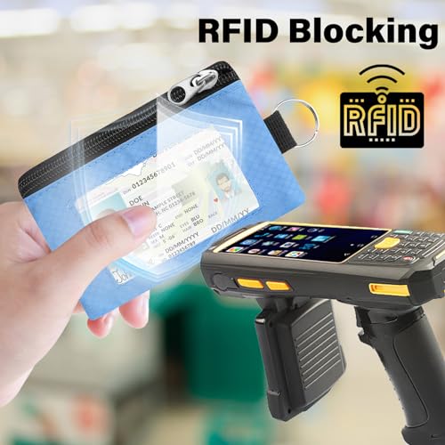 Minimalist RFID Blocking Wallet with Lanyard, Functional ID Case with 2 Zipper Pockets and Key Chain for Men and Women, Tactical Badge Pouch Cards Holder, Coin Purse for Travel Sports-LightBlue4