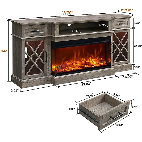 Okd PFC70FP36 3-Sided Glass Farmhouse Fireplace Tv Stand For Tvs Up To 80'', Highboy Entertainment Center With Glass Door Storage Cabinet, 70'' Large Tv Stands With 36'' Electric Fireplace thumb #5