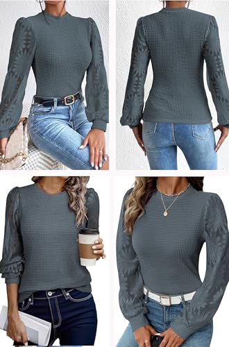 Image of BLENCOT Womens Casual Crochet Top Mesh Lace Long Sleeve Shirts Waffle Knit Blouse Crewneck Shirt Fall Womens Tops Pullover