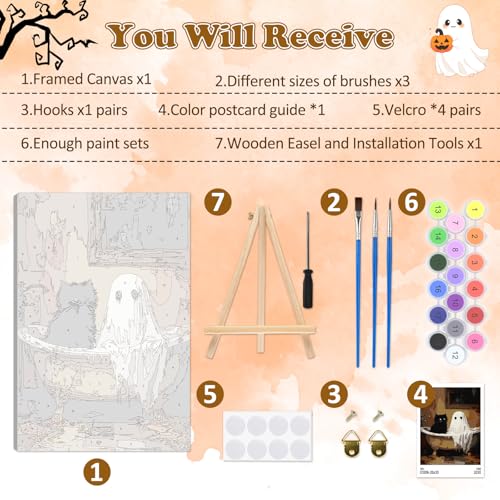 MEIYUDA Paint by Numbers Kit for Adults with Wooden Easel, Halloween Paint by Numbers with Frame, Ghost Adult Painting by Number Kits on Canvas, Cat Acrylic Oil Painting Arts Gift Wall Decor 8x12in by MEIYUDA - Used condition - Image 7