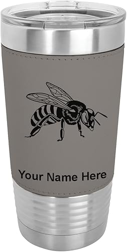 LaserGram Vaso aislado al vacío de 20 onzas abeja miel grabado personalizado incluido piel sintética gris