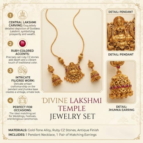 Image of Traditional Gold-Plated Lakshmi Temple Pendant Necklace Set for Women | Antique South Indian Jewelry with Jhumka Earrings | Ethnic Bridal, Wedding & Festive Jewelry Set