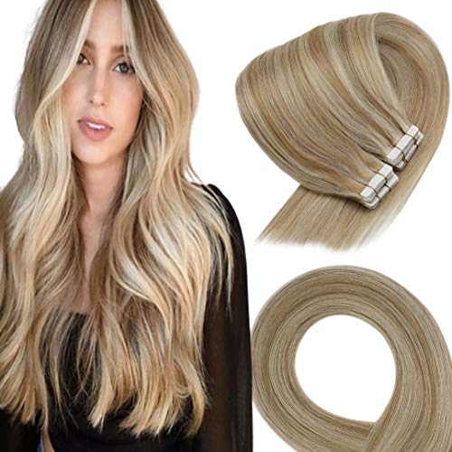 VeSunny 24inch Natural Blonde Tape Hair Extensions Highlighted Human Hair Remy Glue in Extensions 50g 20pcs Color #27 Caramel Blonde Mixed #60 Platinum Blonde Tape in Real Hair Extensions