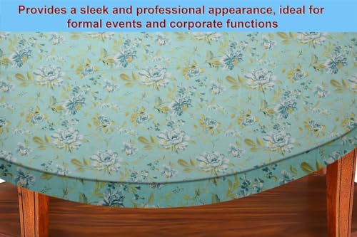 Image of The Furnishing Tree Elastic Cotton Oval Center Table Cover 18x60 in Inches Floral Golden Leaf on Blue Base