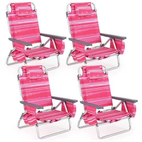 Image of Tangkula Set of 4 Backpack Beach Chair, 5-Position Lay Flat Beach Chairs with Cooler Bag, 2 Cup Holders, Towel Bar, Lightweight Low Folding Beach Chair with Backpack Straps
