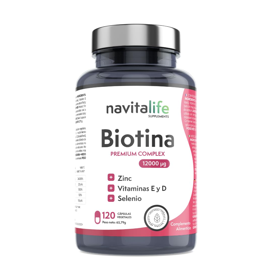 Biotina para el Cabello 12.000 mcg | Repara y Aumenta el Crecimiento de tu Pelo, Mejora la Calidad de tus Uñas y Piel | Con Selenio + Zinc + Vitaminas E y D, 4 Meses de Tratamiento | 120 Cápsulas