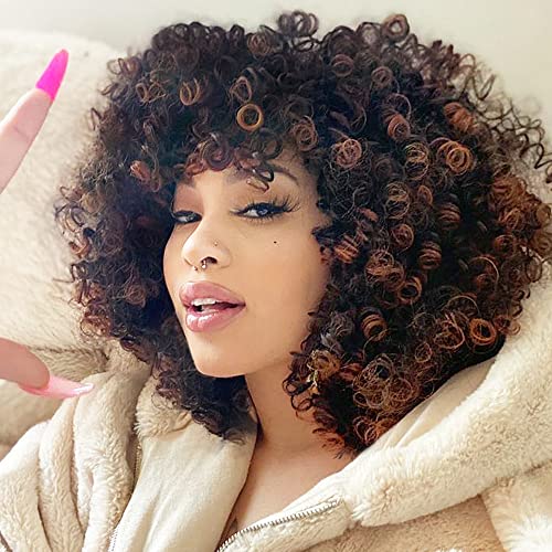 Image of AISI HAIR Afro Curly Wig with Bangs Highlights Dark Brown Shoulder Length Wig for Black Women Synthetic Kinky Curly Full Wigs for Daily