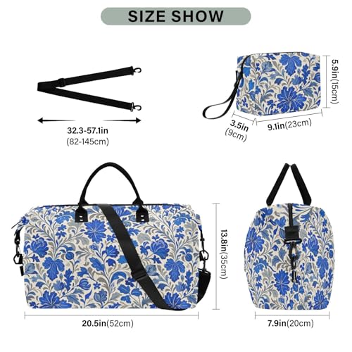 Travel Duffel Bag Trendy Retro Floral Grey Blue Workout Bag with Toiletry Bag for Gym 2 Pcs Set bolsas para3