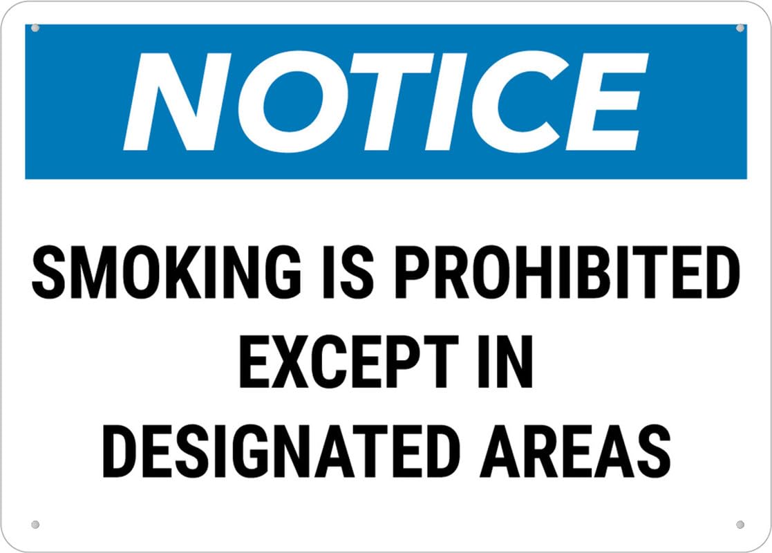 Notice Smoking Is Prohibited Except Designated Areas Aluminum Metal Sign 12"x8" Pre-Drilled Holes For Easy Mounting Indoor/Outdoor Use - Fence/Door/Gate