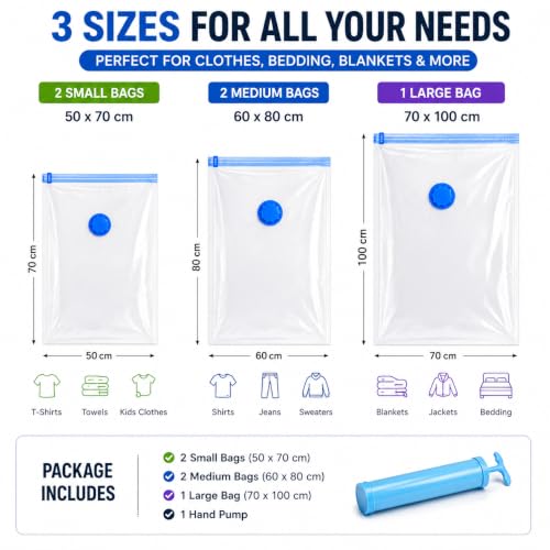 Image of Zollyss Vacuum Storage Bags for Clothes with Hand Pump | Reusable Space Saver Bags for Travel & Wardrobe Storage | Airtight Compression Bags for Blankets, Clothes & Bedding (Pack of 5)