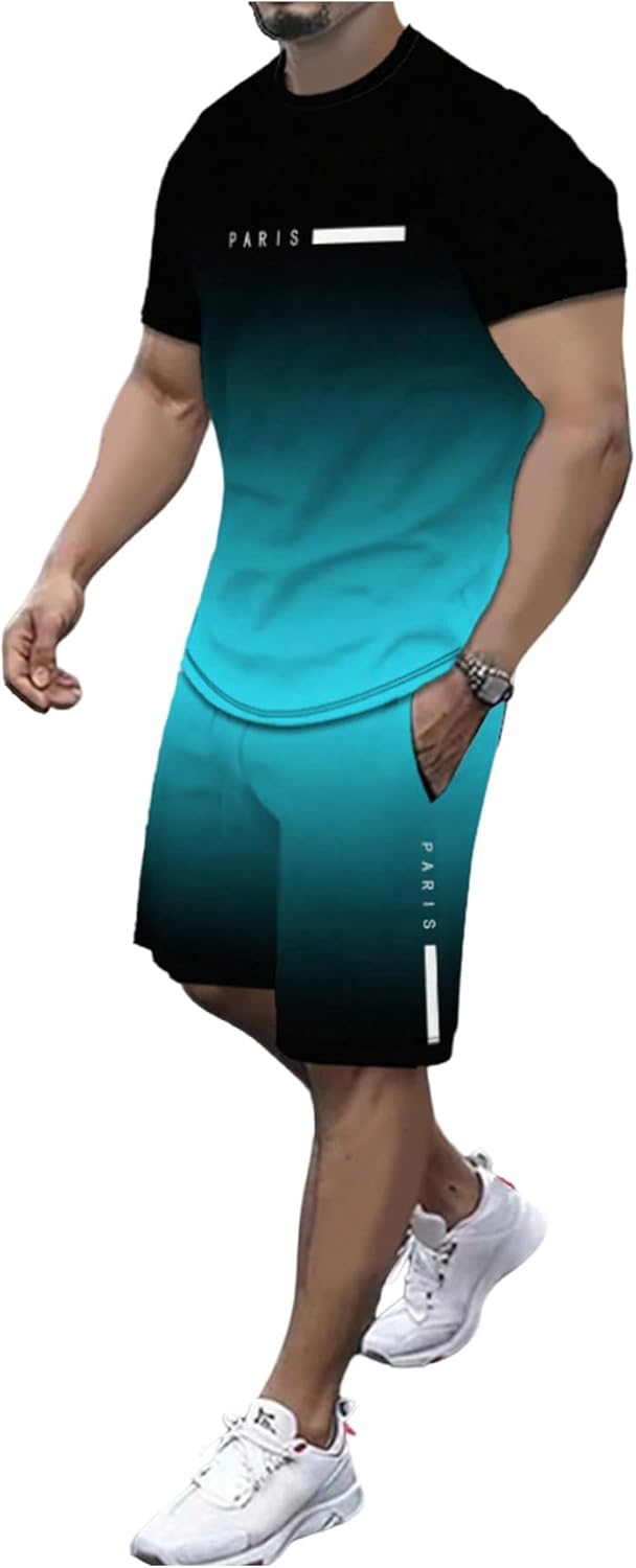 RoseSeek Men's 2 Piece Summer Outfits Ombre Short Sleeve T Shirts Tops Drawstring Waist Track Shorts Set