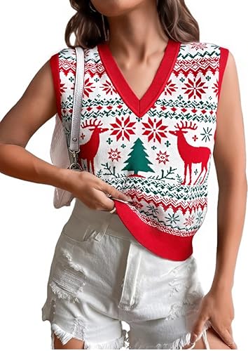 Image of JULYCLO Christmas Sweater Vest Women Ugly Xmas Reindeer Knit Sweaters Casual Santa Snowflake V Neck Sleeveless Outwear Tops