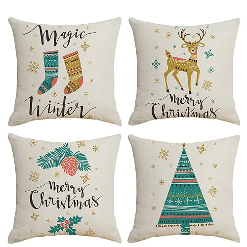 Juego de 4 Fundas de Almohada navideñas para decoración de Granjas, Funda de cojín de Vacaciones de Invierno (Feliz Navidad, Invierno mágico,...