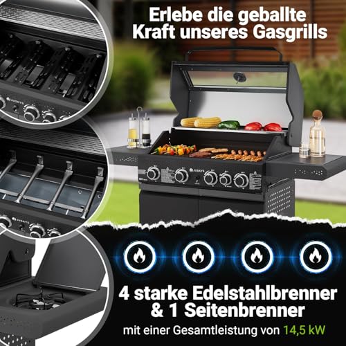 Savannah BBQ Gas Barbecue - 4 Burners and 1 Side Burner - XXL Steel Gas Grill with Cast Iron Cooking Grate, Hob, Base Cabinet for Gas Bottle