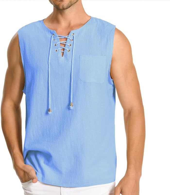 Men's Cotton Lace Up Tank Top Shirts V Neck Sleeveless Beach Casual Hippie Tops with Pocket Large Wathet Blue