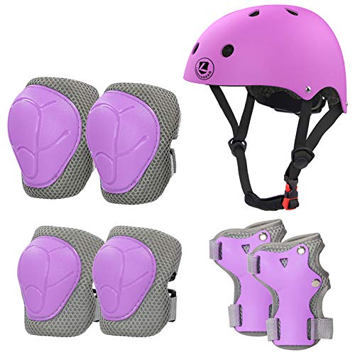 LANOVAGEAR Casco Infantil Set de Protección Casco Ajustable Rodilleras, Coderas y Muñequeras para Patinar Ciclismo Monopatín y Deportes Extremos (púrpura, S)