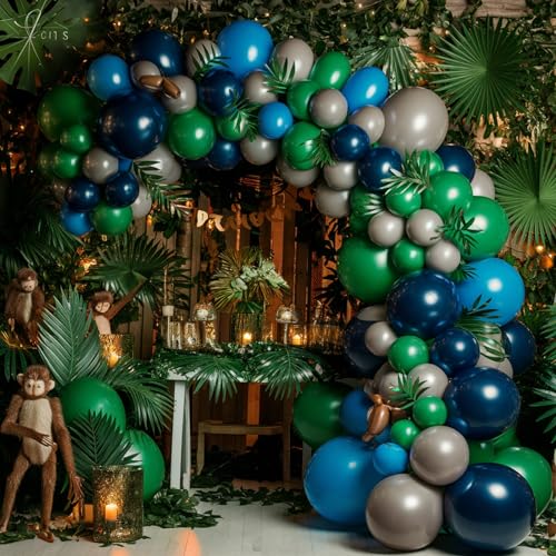 Image of Blue and Green Balloon Garland Kit, Dark Green Navy Blue Balloon Arch | Jungle Theme Party Birthday Baby Shower Wedding Graduation Anniversary Decorations with Dark Green Navy Blue Balloon Garland