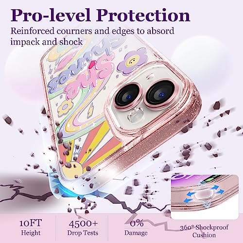 Image of Designed for iPhone 14 Case Pink Glitter Clear - Cute Bling Phone Case with Wrist Strap - Aesthetic Y2K Case for Woman, Girl 6.1 inch (She Shines)