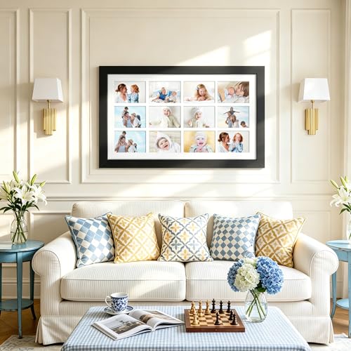 Image of DUENPY 17.5x30.5 Picture Frame 12-Opening 5x7 Collage Picture Frame Displays Twelve 5x7 inch Photos Collage Wall Decor Wall Hanging or Tabletop Black