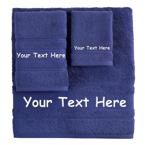 Personalized Custom 3-Piece Towel Set – Bath, Hand & Washcloth – 100% Cotton, Soft & Absorbent – Embroidered Name or Monogram – Hotel Towels for Bathroom, Spa, Hotel, Wedding & Gift – Navy Blue