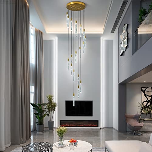 Image of 18-Light Modern Living Room Chandelier Gold Brass Finish Crystal Ceiling Pendant Lights LED Dimmable 108W 6000K Staircase Large Chandeliers for Entryway Lobby Foyer High Ceiling Chandeliers
