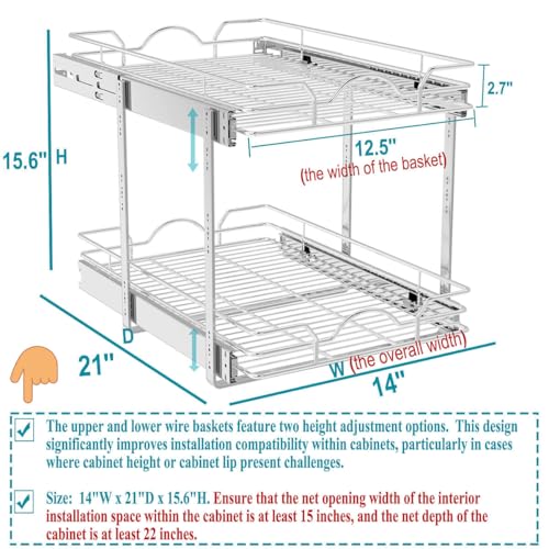 OCG-2-Tier-Pull-Out-Cabinet-Organizer-14-W-x-21-D-Pull-Out-Drawers-for-Kitchen-Cabinets-Pull-Out-Shelves-for-Base-Cabinet-Organization-in-Kitchen-Bathroom-Pantry-Chrome-Finish