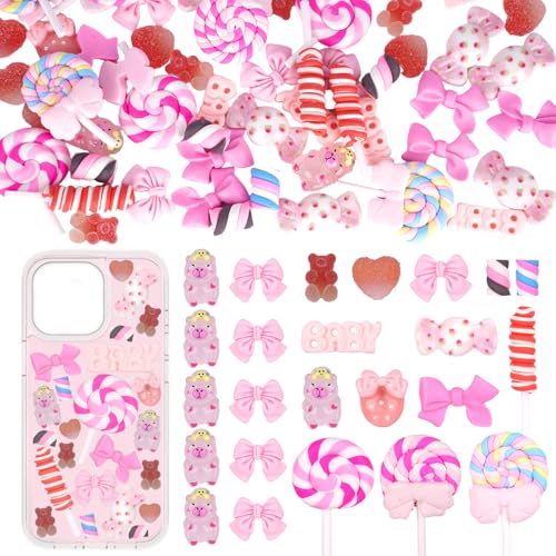 60 Pcs Pink Junk Case Charms, Slime Charms, Mixed Lollipops Candy Embellishments Resin Charms, Flat Back Charms for DIY Crafts Mobile Phone Case Nail Decoration & Ornament Scrapbooking (Pink)