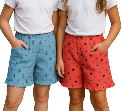 Image of ICEDIVE Girls Printed Cotton Shorts Pack of 2 | Regular Fit Multicolour Bottoms | Soft, Stretchy & Comfortable | Ideal for Summer, Home, Travel & Casual Wear