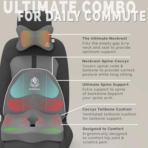 Image of MRRON Memory Foam Car Seat Cushion Combo - Backrest, Coccyx Cushion & Neckrest - Orthopedic Support for Back, Sciatica & Neck Pain - Ergonomic Comfort for Car, Office. (Grey, Spine Support)