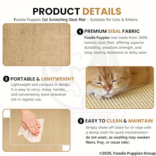 Image of Foodie Puppies Cat Scratching Sisal Mat for Indoor Cats & Kittens (62 x 41 cm), Natural Scratch Pad & Sleeping Mat, Non-Slip Durable Scratcher Rug, Furniture Protection