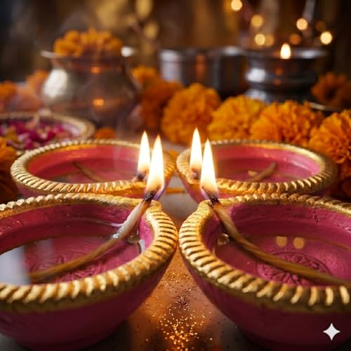Image of Pure Source India Traditional Handmade Earthen Clay Big Size Diya for Laxmi Poojan, 4 Pieces | Elegant Blue Color (4 Pieces) - Premium Terracotta Akhand Jyot for Diwali, Puja & Festive Decor (Pink)