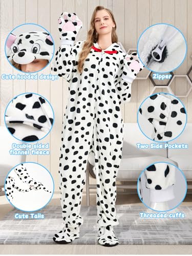 Hislovy Dalmatiner Kostüm Damen Herren, Tier Onesie Erwachsene Schlafanzug-Einteiler für Karneval Halloween Party,Weiß,3XL