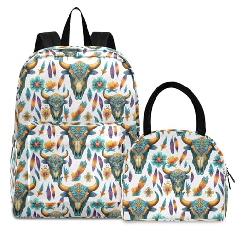 Bison Indian Print Backpack Set with Lunch Bag, Large Capacity Travel Backpacks and Lunch Box Insulated for Commute Hiking Picnic